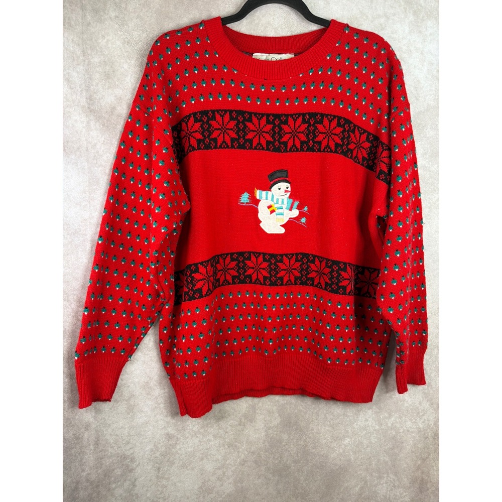 VTG 90s Kate Collins Snowman Sweater Womens XL Red Holiday Christmas Knit USA